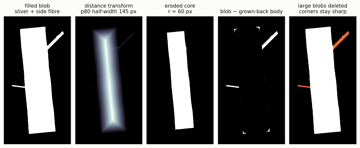 Five panels: the filled blob with a sliver and a side fibre; its distance transform with an 80th-percentile half-width of 145 pixels; the eroded core at radius 60 pixels; the difference between blob and grown-back body showing large appendage blobs plus tiny corner specks; the final result with the large blobs deleted and corners still sharp.