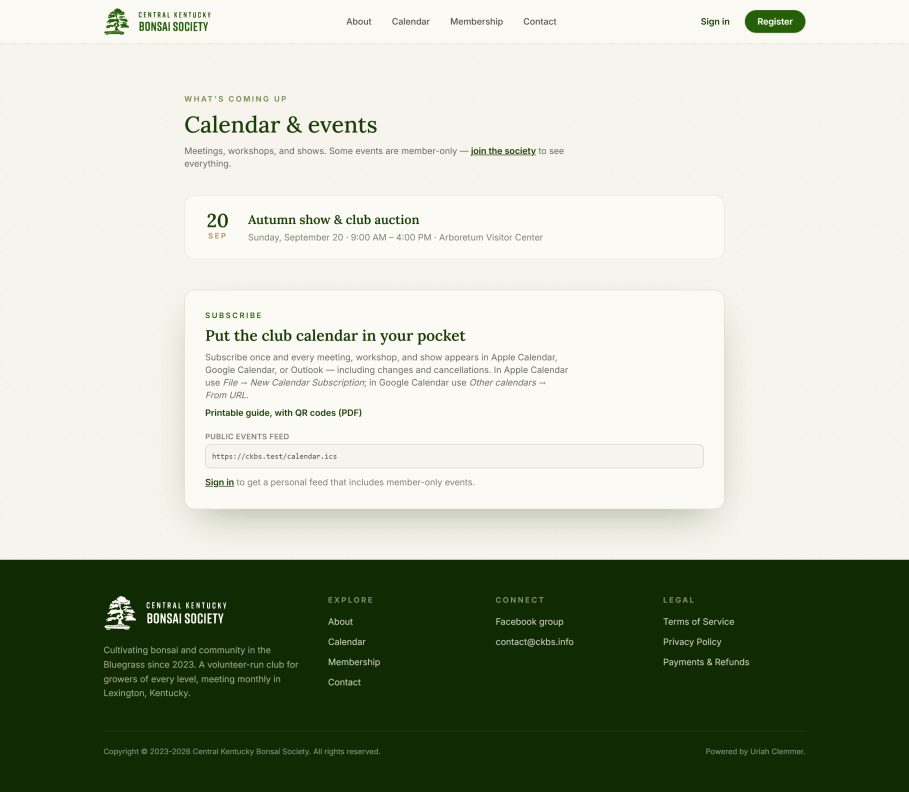 The calendar page, showing an upcoming event and a panel offering a subscription feed URL for Apple, Google and Outlook calendars