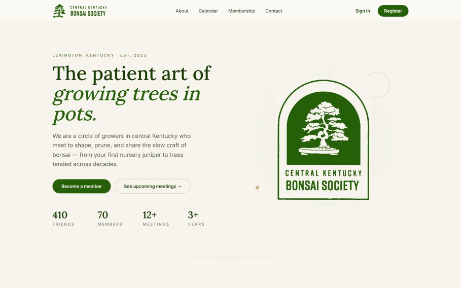 The society's landing page: a serif headline reading The patient art of growing trees in pots, beside the club's arched bonsai logo