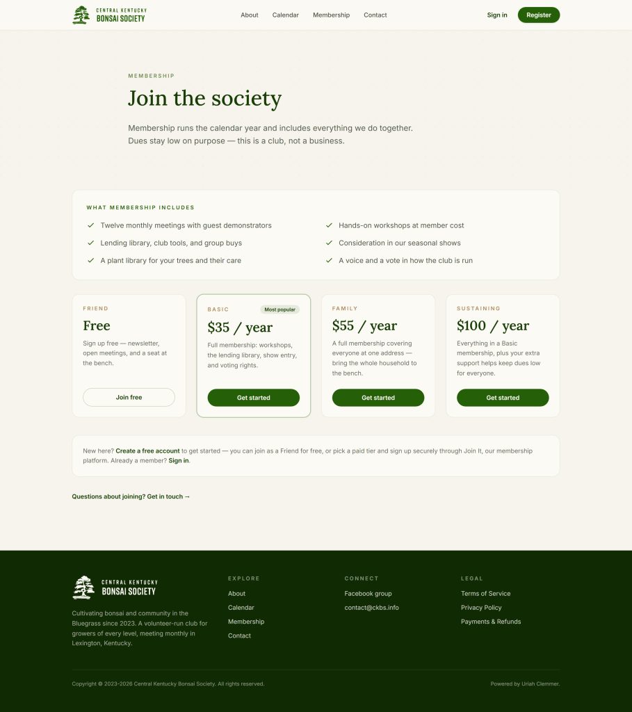 The membership page: four tiers — Friend free, Basic $35, Family $55, Sustaining $100 — over a list of what membership includes