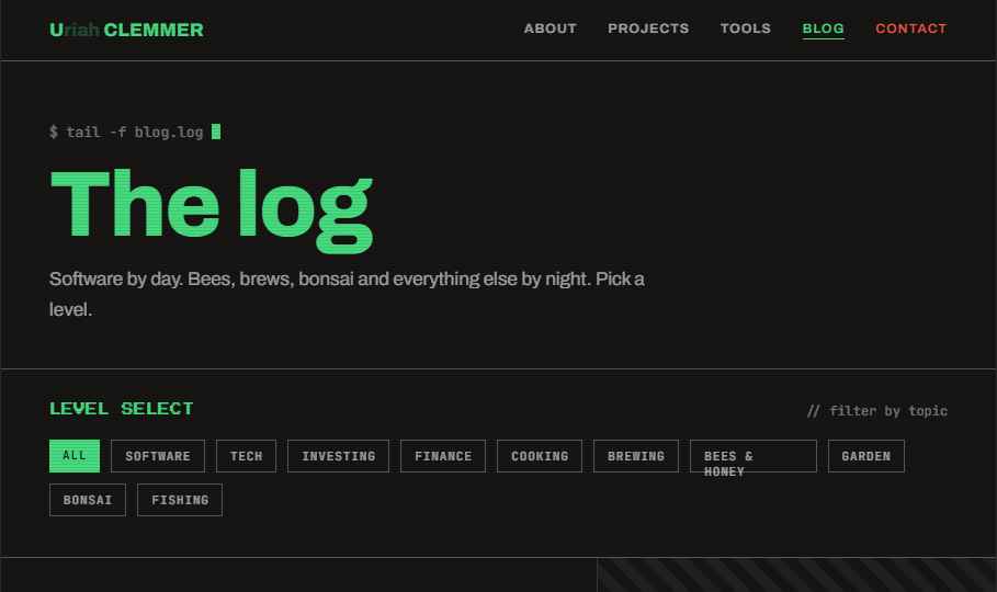 Blog index headed The log, with a row of topic filter chips below it