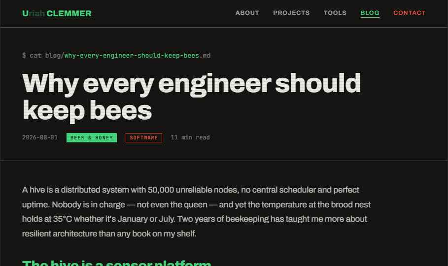 Blog post layout showing a terminal-style kicker, large headline and article metadata row
