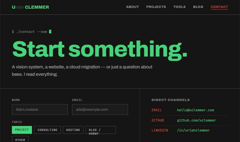 Contact page headed Start something, with a form on the left and direct channels on the right