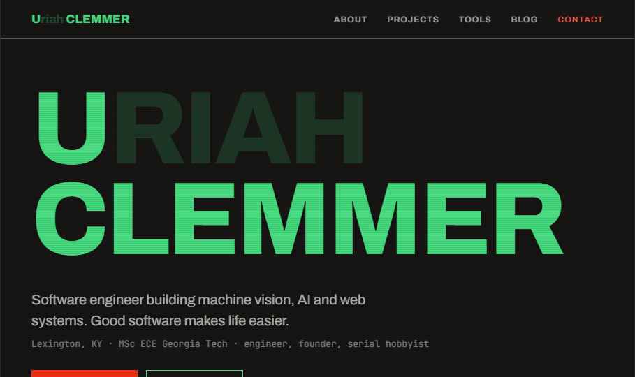 Landing page: the name URIAH CLEMMER set in large green type with the RIAH letters ghosted back