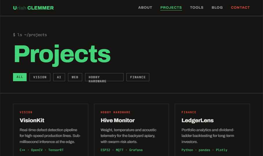 Projects page: filter chips above a three-column grid of project cards
