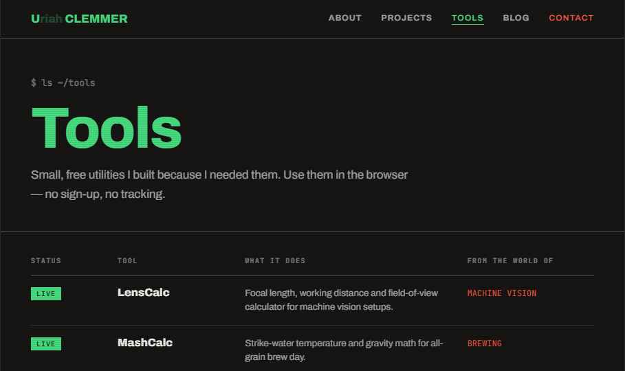Tools page: a four-column table of tools with green LIVE status badges